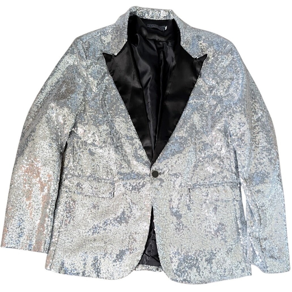 Silver Sequin Blazer Men 40R Evening Statement Entertainment Fashion Shimmer‎